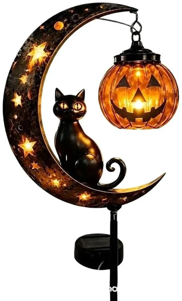 Main image of Garden Lamp Decoration Halloween Black Cat & Pumpkin Moon Garden Stake Light, Outdoor Waterproof Metal Pumpkin Stake Decor