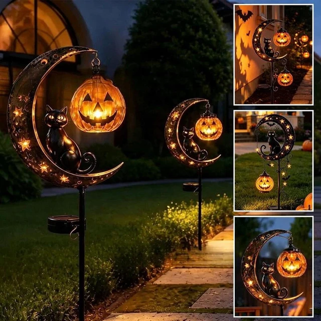 Alt view image 4 of 4 - Garden Lamp Decoration Halloween Black Cat & Pumpkin Moon Garden Stake Light, Outdoor Waterproof Metal Pumpkin Stake Decor