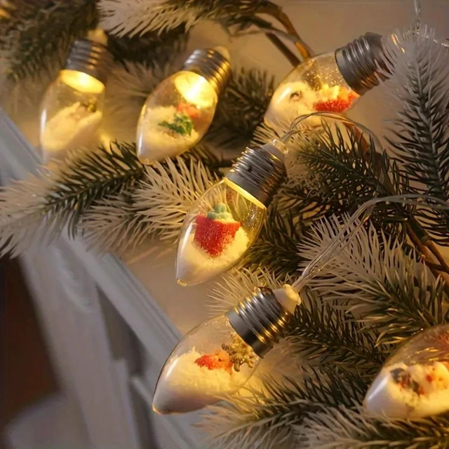 Main image of 1pc10/20 LED Christmas Snowball Clear Bulb String Lights With Christmas Santa Claus Snowman Tree Gifts Mix Battery Powered Light