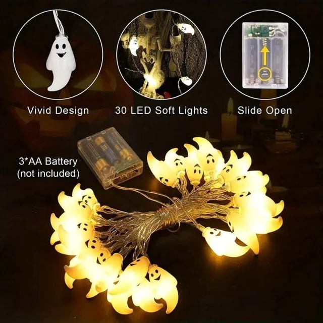 Alt view image 6 of 7 - 59.06inch 10 Lights, 3m 20 Lights Ghost Halloween Decoration String Lights, Battery Powered (No Plug)