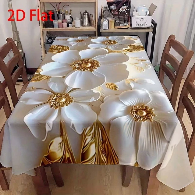 Alt view image 2 of 6 - 1pc White Gold Flower Pattern Tablecloth Luxury Modern Kitchen Decor,Aesthetically pleasing and durable