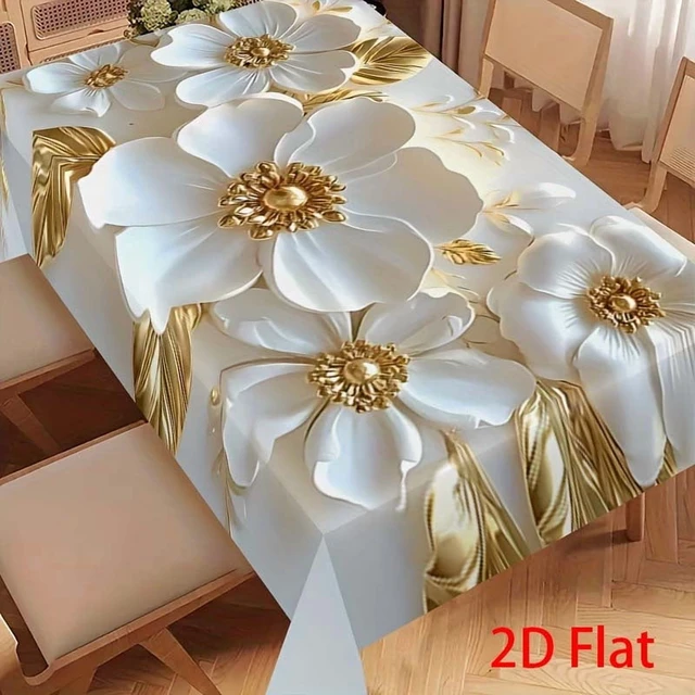 Alt view image 5 of 6 - 1pc White Gold Flower Pattern Tablecloth Luxury Modern Kitchen Decor,Aesthetically pleasing and durable