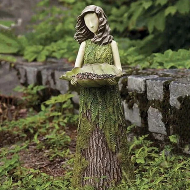 Alt view image 2 of 4 - New Arrival Gradient Green Bird Feeder Statue, Resin Girl Sculpture, Auckland Craft, Outdoor Garden Lawn Decoration