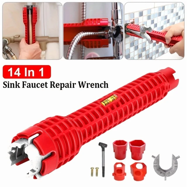 Alt view image 6 of 7 - 14 In 1 Wrench for Sink Faucet Sanitary Repair Tool with Double-Head Handle, Installer Ratchet Tool Set for Bathroom Sink Faucet