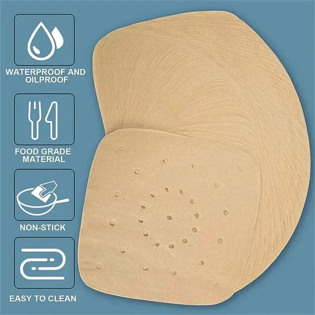Alt view image 2 of 7 - 100PCS Air Fryer Paper Disposable Steamer Liners Kitchen Bakeware Papers Baking Non-Stick Steaming Mat Oil-absorbing Paper