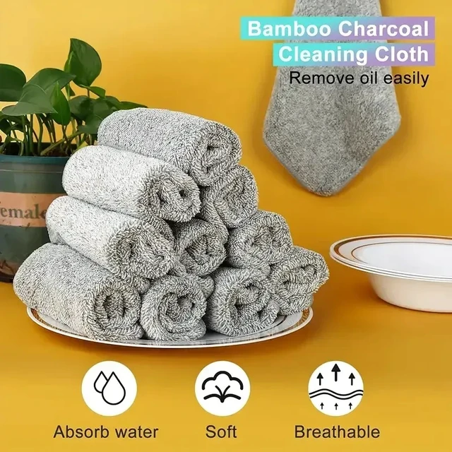 Alt view image 5 of 7 - 1/100PCS Gray Bamboo Charcoal Thickened Super Absorbent Dishcloth Anti-grease Kitchen Wiping Rags Microfiber Cleaning Cloths