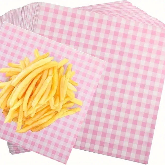 Alt view image 3 of 7 - 100Pcs/200Pcs Sandwich, Burger, Grid-Patterned Deli Food Wrapping Wax Paper, Pink Food Basket Lining, Oil-Proof Paper, Burger Box Lining, Bento Cake Oil-Proof Paper, Sandwich Wrapping Paper