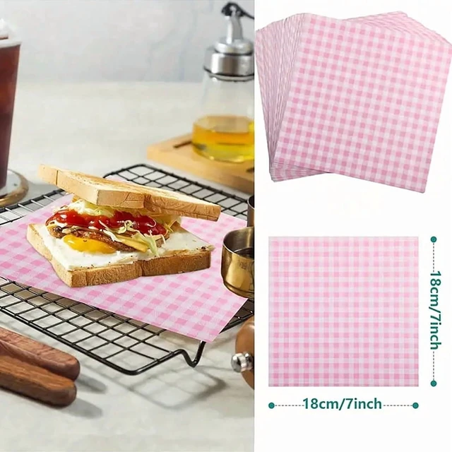 Alt view image 2 of 7 - 100Pcs/200Pcs Sandwich, Burger, Grid-Patterned Deli Food Wrapping Wax Paper, Pink Food Basket Lining, Oil-Proof Paper, Burger Box Lining, Bento Cake Oil-Proof Paper, Sandwich Wrapping Paper