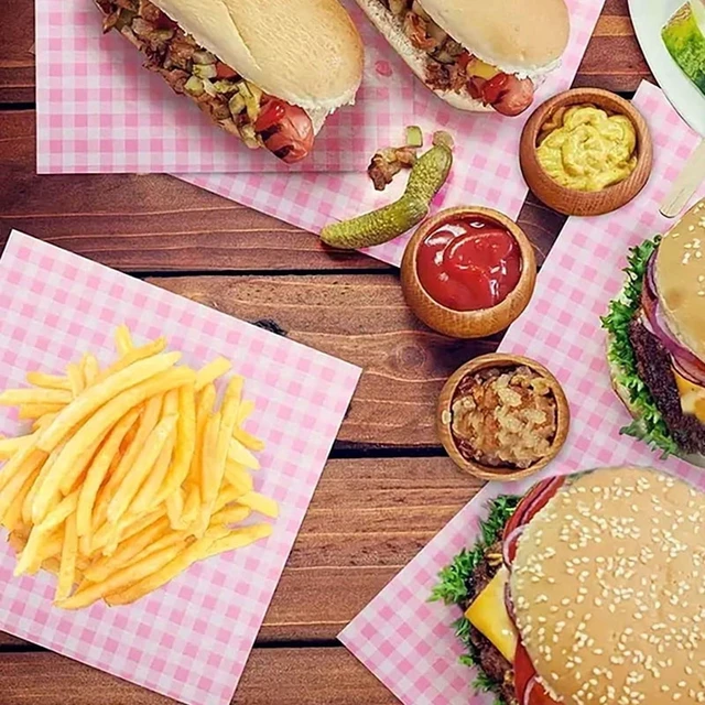 Alt view image 5 of 7 - 100Pcs/200Pcs Sandwich, Burger, Grid-Patterned Deli Food Wrapping Wax Paper, Pink Food Basket Lining, Oil-Proof Paper, Burger Box Lining, Bento Cake Oil-Proof Paper, Sandwich Wrapping Paper