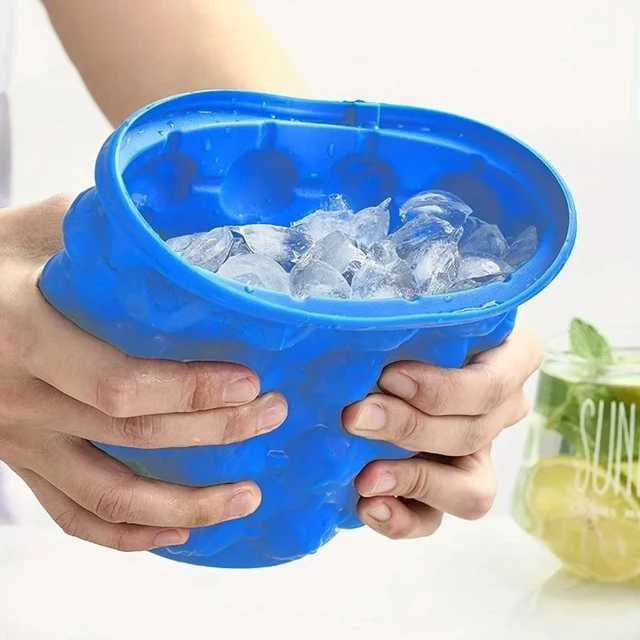 Alt view image 5 of 7 - Ice Cube Mold Ice Tray Large Silicone Ice Bucket (2-In-1) Ice Cube Maker Circular Portable (Dark Blue) Suitable for Summer