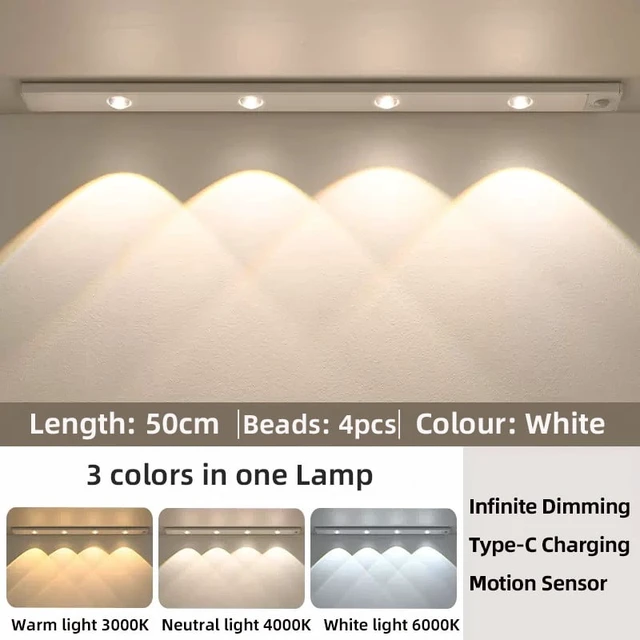 Alt view image 2 of 7 - White/Black LED Cabinet Light USB Rechargeable Motion Sensor LED Light for Kitchen Wardrobe Cabinet Lighting 20CM/30CM/40CM/50CM
