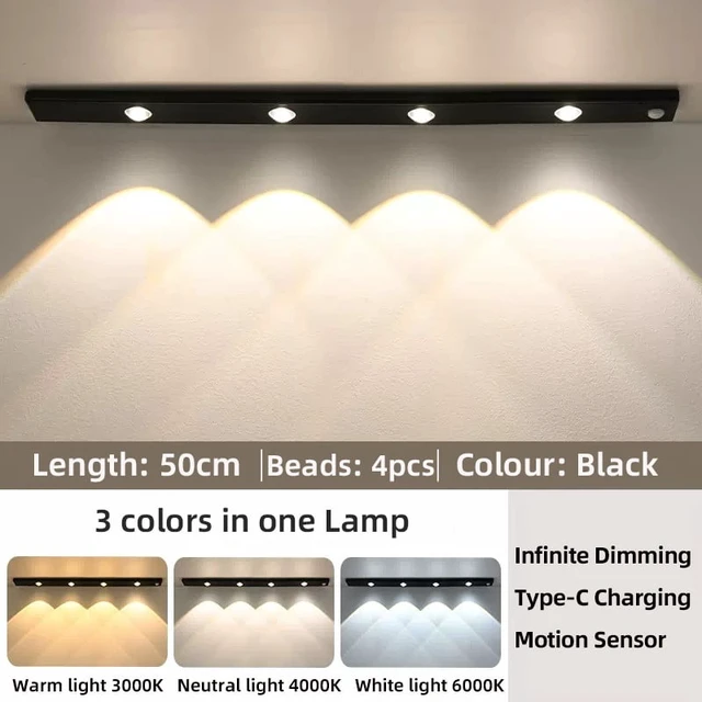 Alt view image 3 of 7 - White/Black LED Cabinet Light USB Rechargeable Motion Sensor LED Light for Kitchen Wardrobe Cabinet Lighting 20CM/30CM/40CM/50CM