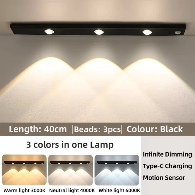 Alt view image 4 of 7 - White/Black LED Cabinet Light USB Rechargeable Motion Sensor LED Light for Kitchen Wardrobe Cabinet Lighting 20CM/30CM/40CM/50CM