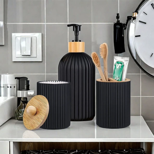 Alt view image 4 of 7 - Bathroom Countertop Container Hand Soap Dispenser Cotton Ball Storage Box Toothbrush Holder Home Decoration Organizer