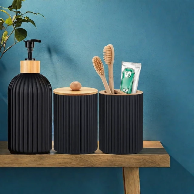 Alt view image 6 of 7 - Bathroom Countertop Container Hand Soap Dispenser Cotton Ball Storage Box Toothbrush Holder Home Decoration Organizer