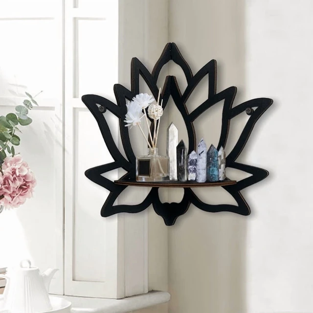 Alt view image 4 of 7 - Wooden Lotus Hollow Decorative Rack Aromatherapy Organiser Essential Oil Candle Holder Wall Mounted Shelf Corner Shelf