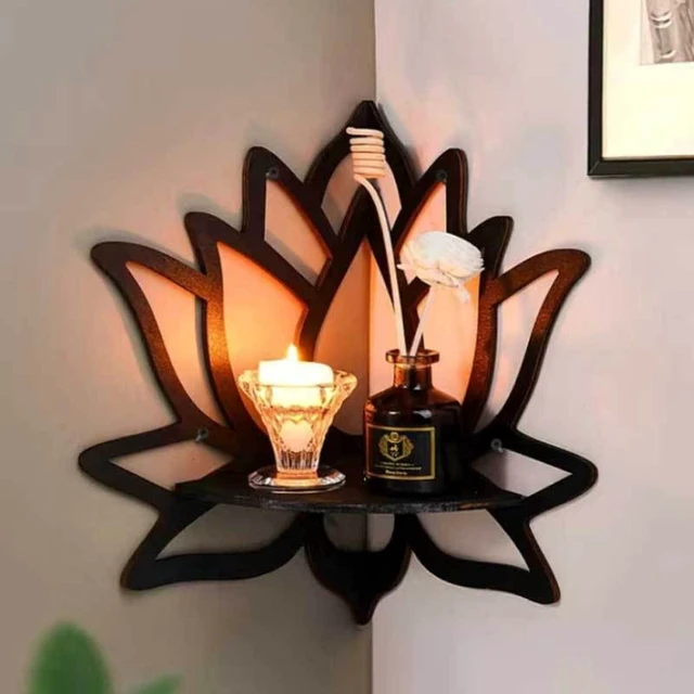 Alt view image 7 of 7 - Wooden Lotus Hollow Decorative Rack Aromatherapy Organiser Essential Oil Candle Holder Wall Mounted Shelf Corner Shelf