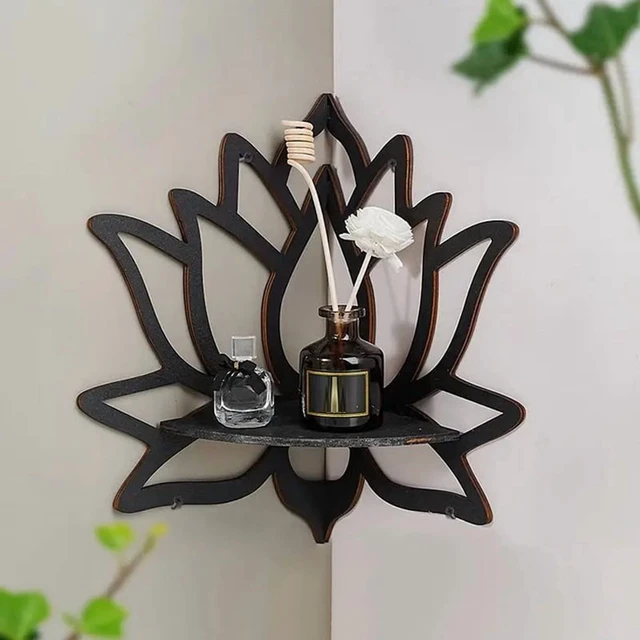 Alt view image 6 of 7 - Wooden Lotus Hollow Decorative Rack Aromatherapy Organiser Essential Oil Candle Holder Wall Mounted Shelf Corner Shelf
