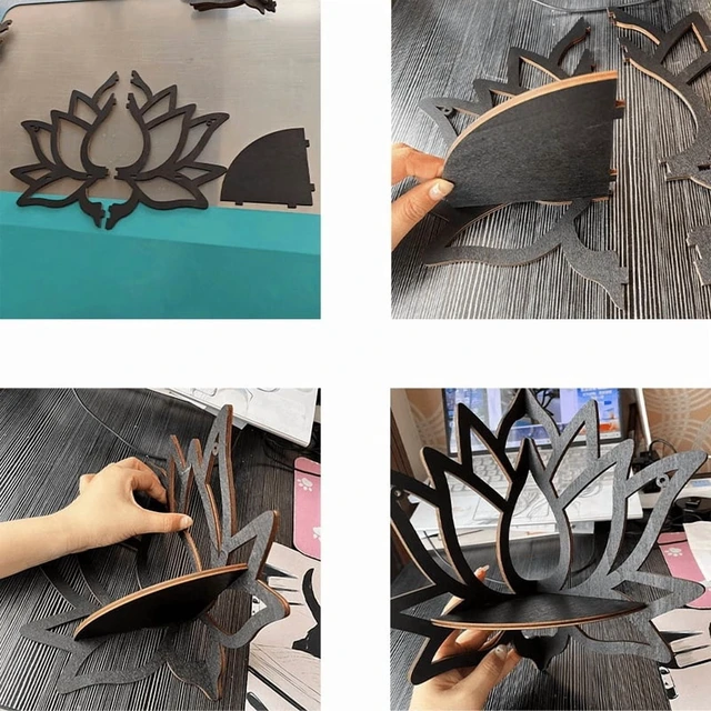 Alt view image 3 of 7 - Wooden Lotus Hollow Decorative Rack Aromatherapy Organiser Essential Oil Candle Holder Wall Mounted Shelf Corner Shelf