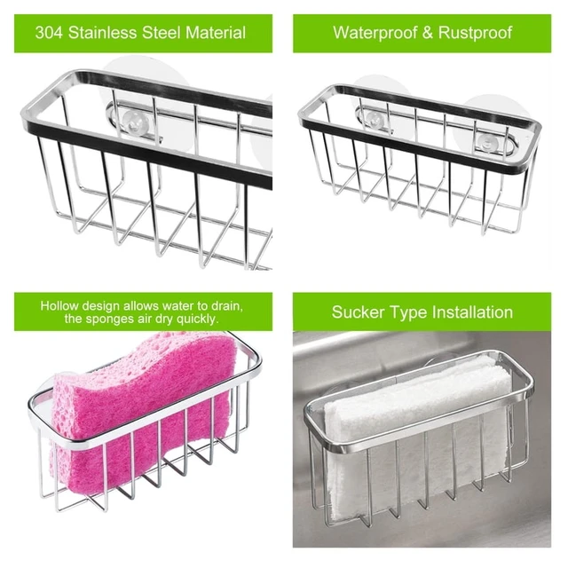 Alt view image 5 of 6 - Kitchen Sponge Holder Stainless Steel Sink Basket Storage Braket Rustproof Waterproof Liquid Drainer Rack