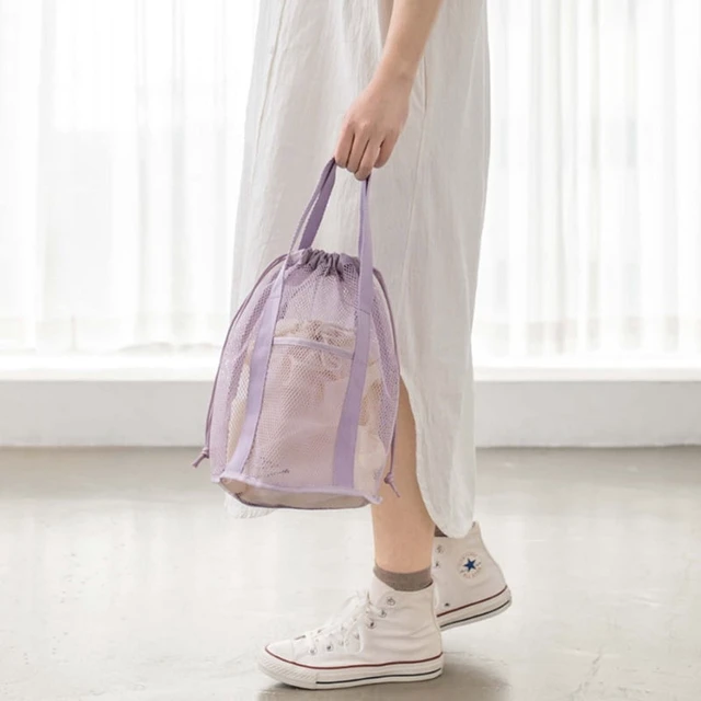 Alt view image 5 of 7 - Travel Large Capacity Mesh Nylon Cosmetic Bag Organizer Foldable Casual Mesh Drawstring Bags Rope Bundle Pocket Swim Washing Bag