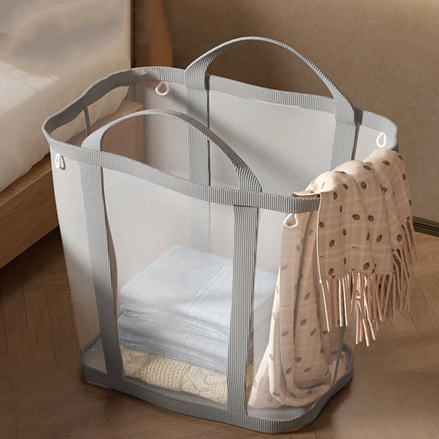 Alt view image 3 of 7 - Nylon Mesh Laundry Basket with Handle Breathable Folding Portable Dirty Clothes Organizer Bags Large Capacity Toys Storage Bag