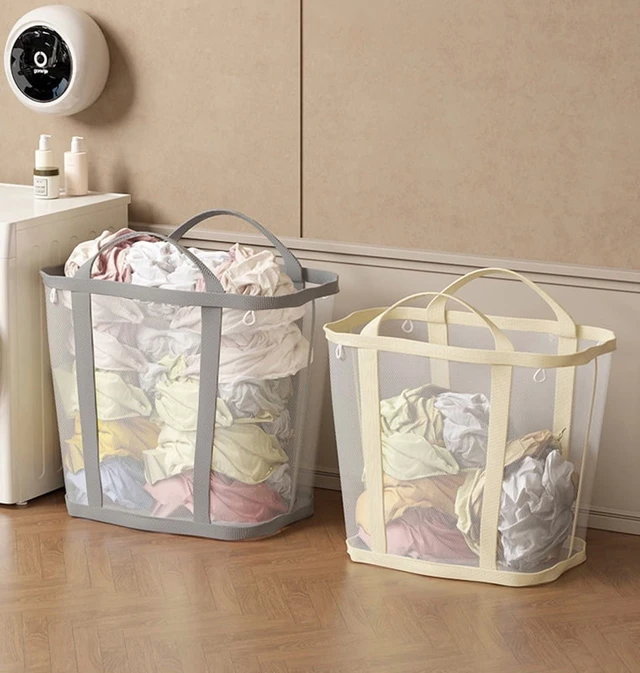 Alt view image 2 of 7 - Nylon Mesh Laundry Basket with Handle Breathable Folding Portable Dirty Clothes Organizer Bags Large Capacity Toys Storage Bag