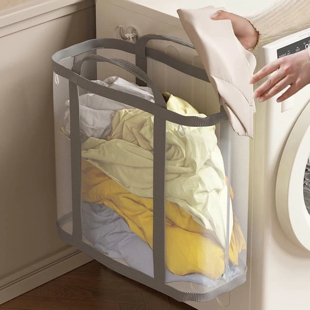 Alt view image 4 of 7 - Nylon Mesh Laundry Basket with Handle Breathable Folding Portable Dirty Clothes Organizer Bags Large Capacity Toys Storage Bag