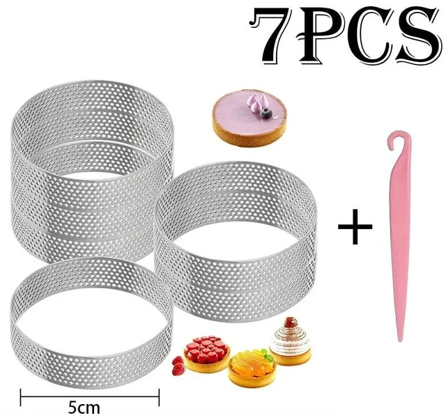 Main image of 7PC Perforated Tart Ring Set for Baking Stainless Steel Round Cake Rings French Dessert mold Small Fruit Tart Rings Baking Molds