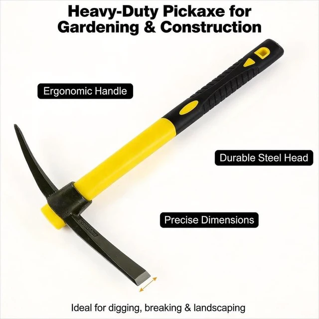Main image of 1-Piece 15-Inch Mattock Hoe Set with Yellow Fiberglass Handle - Durable Garden Tool for Soil Loosening and Cultivation
