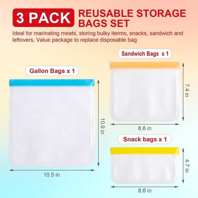 Alt view image 2 of 7 - Reusable Food Storage Silicone Bags, Reusable Snack BagsLeakproof Freezer, BPA Free, 1 Gallon 1 Snack 1 Sandwich Bags, for Home Kitchen, Marinate Food TravelFridge Organization (3)