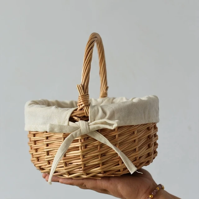 Alt view image 2 of 7 - Wood Handheld Baskets Mini Plus Cloth Lining Rattan Woven Weaving Bamboo Flower Basket Stylish And Versatile Bow Baskets