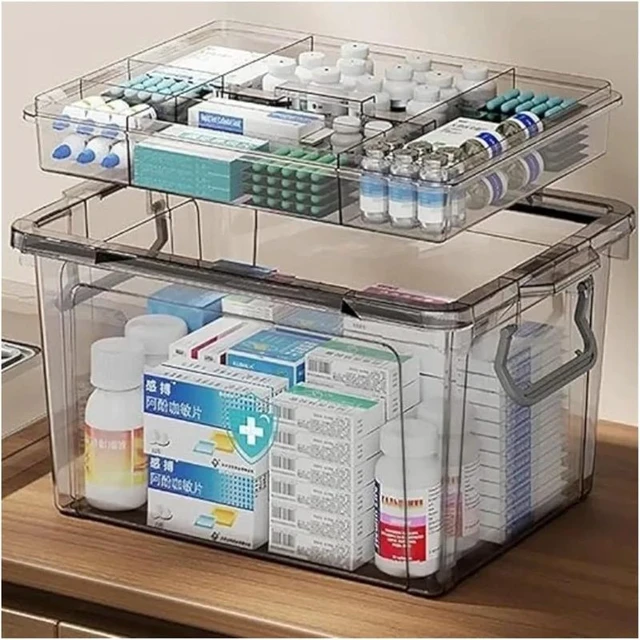 Alt view image 2 of 5 - Clear Medicine Organizer Storage Box with Tray, Plastic First Aid Box Empty, Thickened Medicine Container Chest, Medicine Caddy