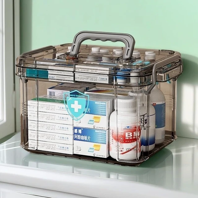Alt view image 4 of 5 - Clear Medicine Organizer Storage Box with Tray, Plastic First Aid Box Empty, Thickened Medicine Container Chest, Medicine Caddy