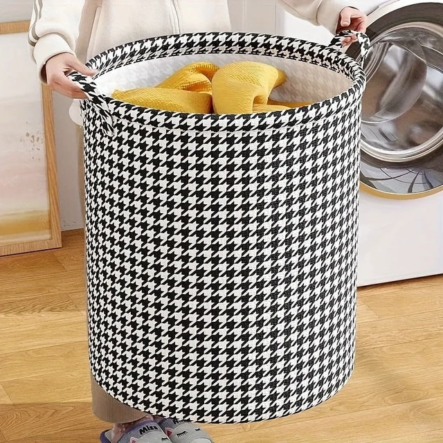 Alt view image 2 of 6 - Foldable Houndstooth Laundry Hamper, Modern Fabric Storage Basket with Handle, Versatile for Bedroom, Bathroom, Living Room