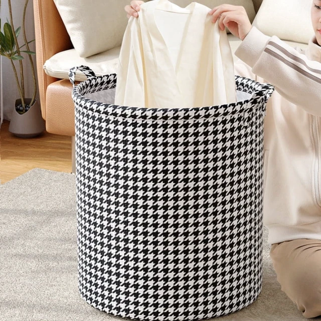 Alt view image 3 of 6 - Foldable Houndstooth Laundry Hamper, Modern Fabric Storage Basket with Handle, Versatile for Bedroom, Bathroom, Living Room