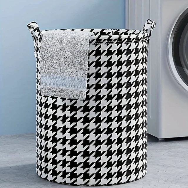 Alt view image 4 of 6 - Foldable Houndstooth Laundry Hamper, Modern Fabric Storage Basket with Handle, Versatile for Bedroom, Bathroom, Living Room