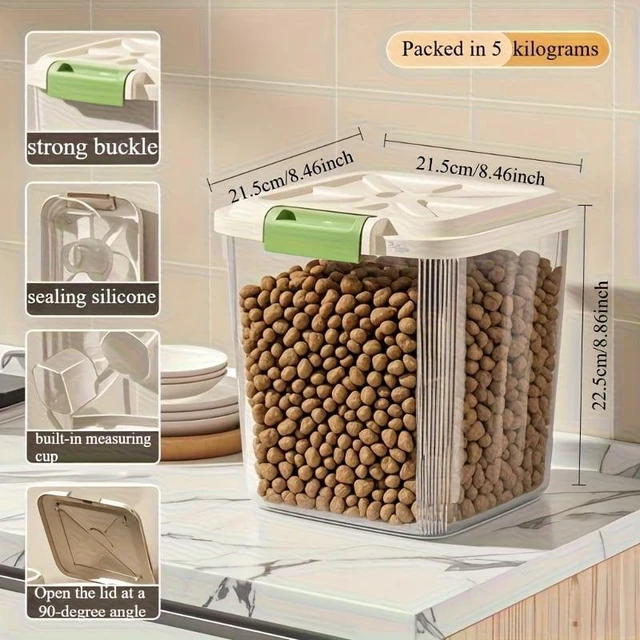 Main image of Sealed pet food storage container box with wheels and spoon, transparent rolling box for dog, cat and bird food, 2 sizes availab