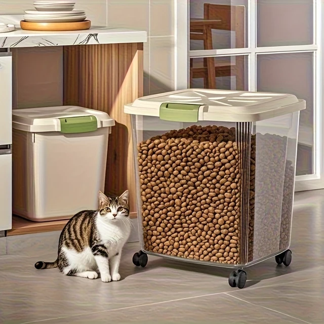 Alt view image 2 of 7 - Sealed pet food storage container box with wheels and spoon, transparent rolling box for dog, cat and bird food, 2 sizes availab