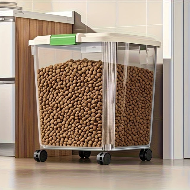 Alt view image 5 of 7 - Sealed pet food storage container box with wheels and spoon, transparent rolling box for dog, cat and bird food, 2 sizes availab