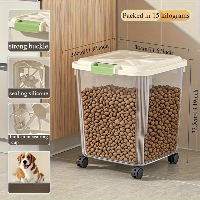 Alt view image 4 of 7 - Sealed pet food storage container box with wheels and spoon, transparent rolling box for dog, cat and bird food, 2 sizes availab