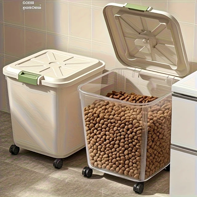 Alt view image 7 of 7 - Sealed pet food storage container box with wheels and spoon, transparent rolling box for dog, cat and bird food, 2 sizes availab