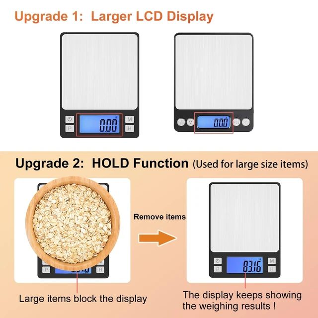 Alt view image 3 of 7 - 0.01g Small Digital Gram Scale, Upgraded 1kg Jewelry Scale | USB Rechargeable, Larger Display, Hold Function, High Precision, Grams and Ounces for Herb, Coin, Powder,Yeast, Kitchen Black