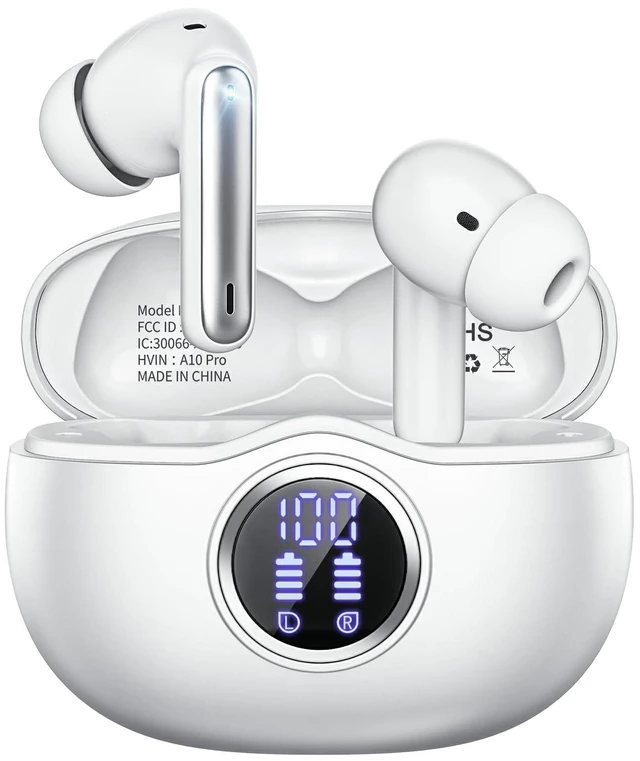 Main image of Fhumsh Wireless Earbuds, Bluetooth 5.3 Headphones HiFi Stereo 50H Playback LED Digital Display Ear Buds with ENC Noise Canceling Headset, IPX7 Waterproof Earphones for Gym/Running/WorkWhite