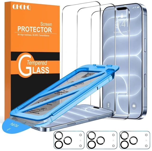 Main image of QHOHQ for iPhone 18 Pro Screen Protector, 9H+ Tempered Glass, 3+3 Pack | with Camera Lens Protector, Auto-Align Bubble Free Installation, Military Grade Shatterproof, HD Clear, Case Friendly