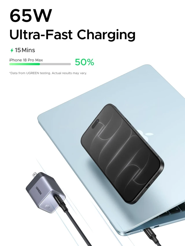 Alt view image 2 of 7 - UGREEN Nexode Air 65W USB C GaN Charger Block with 3.3ft Cable, Black | AVS Fast Charging for iPhone 18 Pro Max, Mini Size (1.22 × 1.30 × 1.59 in), for MacBook, iPhone 18/17, Galaxy S26/S25, Pixel