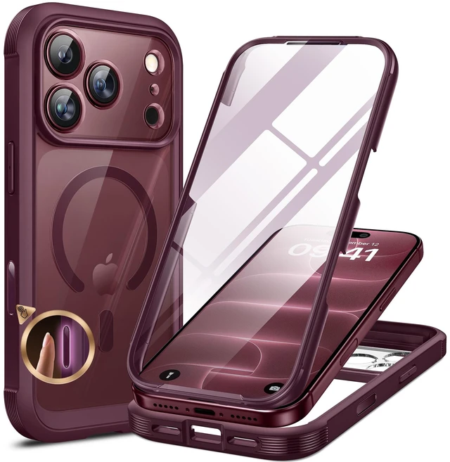 Main image of Miracase Magnetic for iPhone 18 Pro Case 6.3",Full Body Protection,Burgundy | Built-in Glass Screen & Full Camera Protector,Compatible with MagSafe,Military Drop Protection Phone Case with Camera
