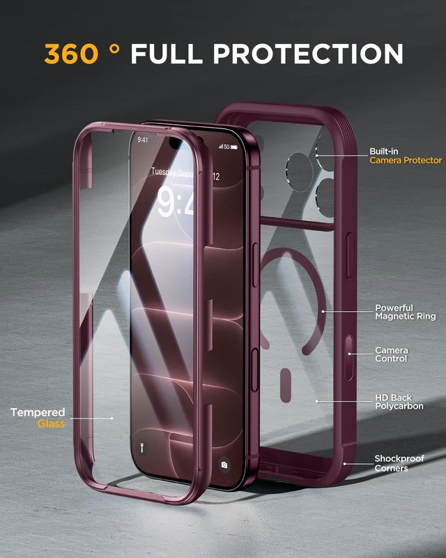 Alt view image 4 of 7 - Miracase Magnetic for iPhone 18 Pro Case 6.3",Full Body Protection,Burgundy | Built-in Glass Screen & Full Camera Protector,Compatible with MagSafe,Military Drop Protection Phone Case with Camera