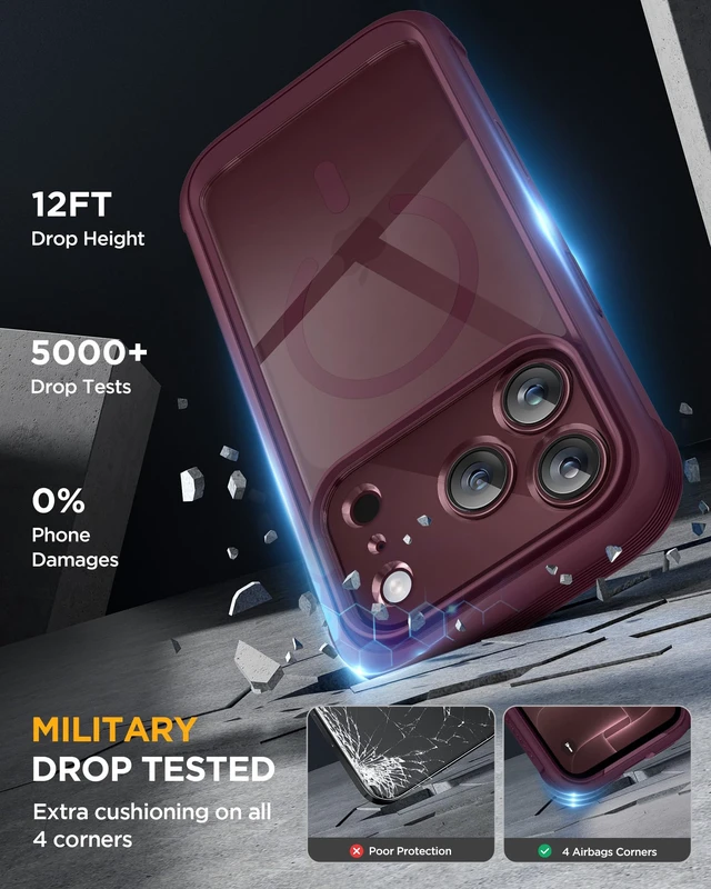 Alt view image 6 of 7 - Miracase Magnetic for iPhone 18 Pro Case 6.3",Full Body Protection,Burgundy | Built-in Glass Screen & Full Camera Protector,Compatible with MagSafe,Military Drop Protection Phone Case with Camera