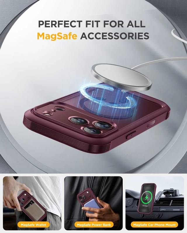 Alt view image 7 of 7 - Miracase Magnetic for iPhone 18 Pro Case 6.3",Full Body Protection,Burgundy | Built-in Glass Screen & Full Camera Protector,Compatible with MagSafe,Military Drop Protection Phone Case with Camera
